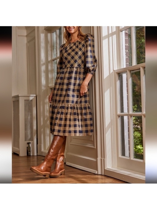 summersalt Dresses & Skirts - Summersalt Buffalo Plaid Tiered Midi Dress in Navy and Tan 100% Cotton Size Med